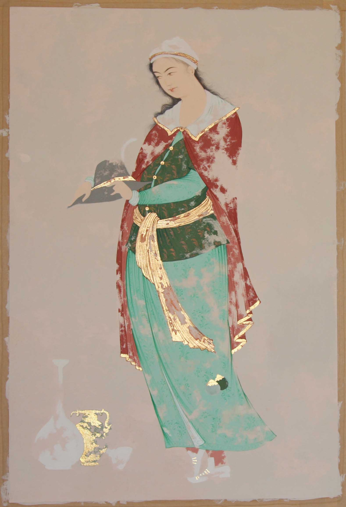 Persian miniature of a standing woman in red and green attire holding a hat