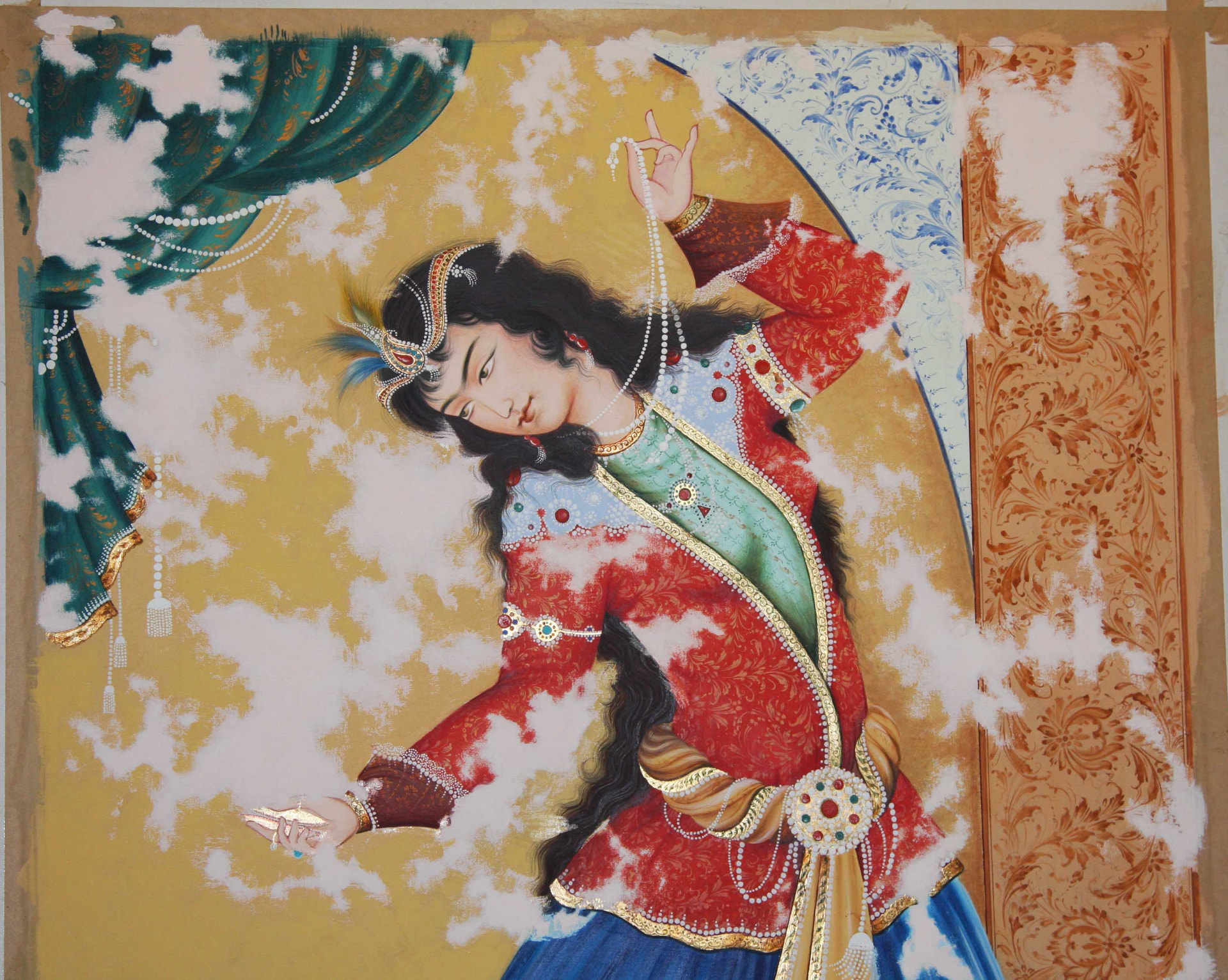 Persian miniature of a dancing woman holding a string of pearls