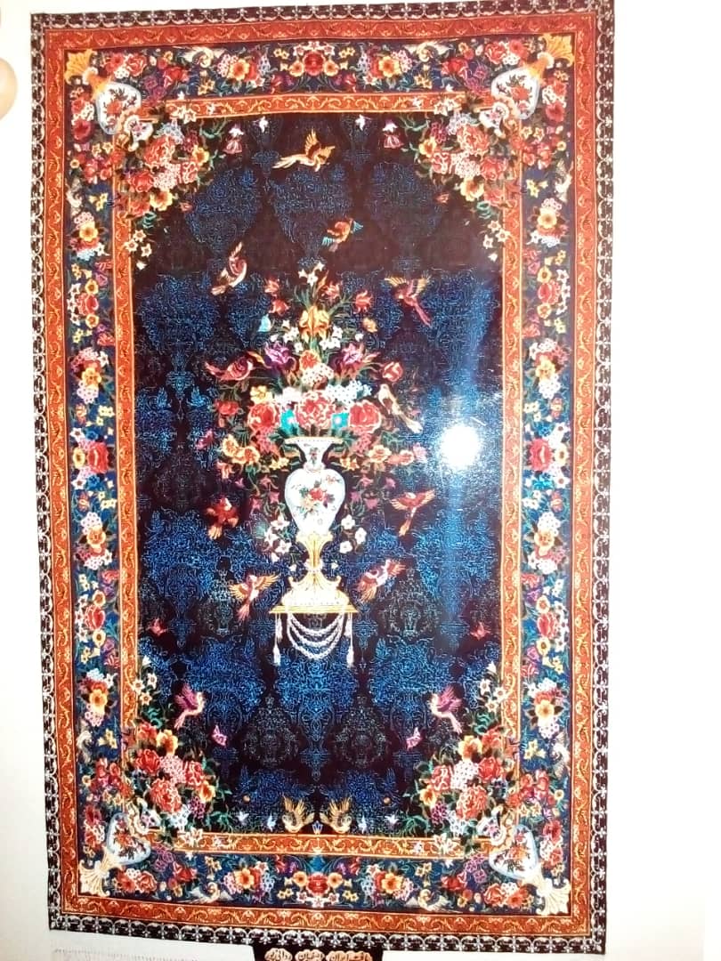 Gol-o-morgh flower and bird composition with vase on a deep blue ground
