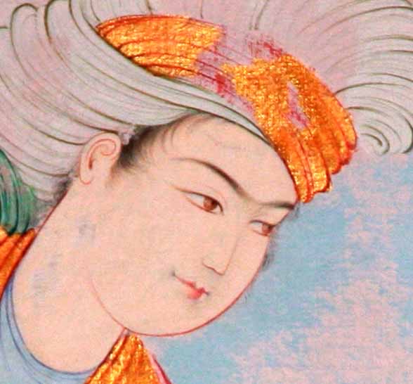 Close-up detail of a Persian miniature face with a gold turban